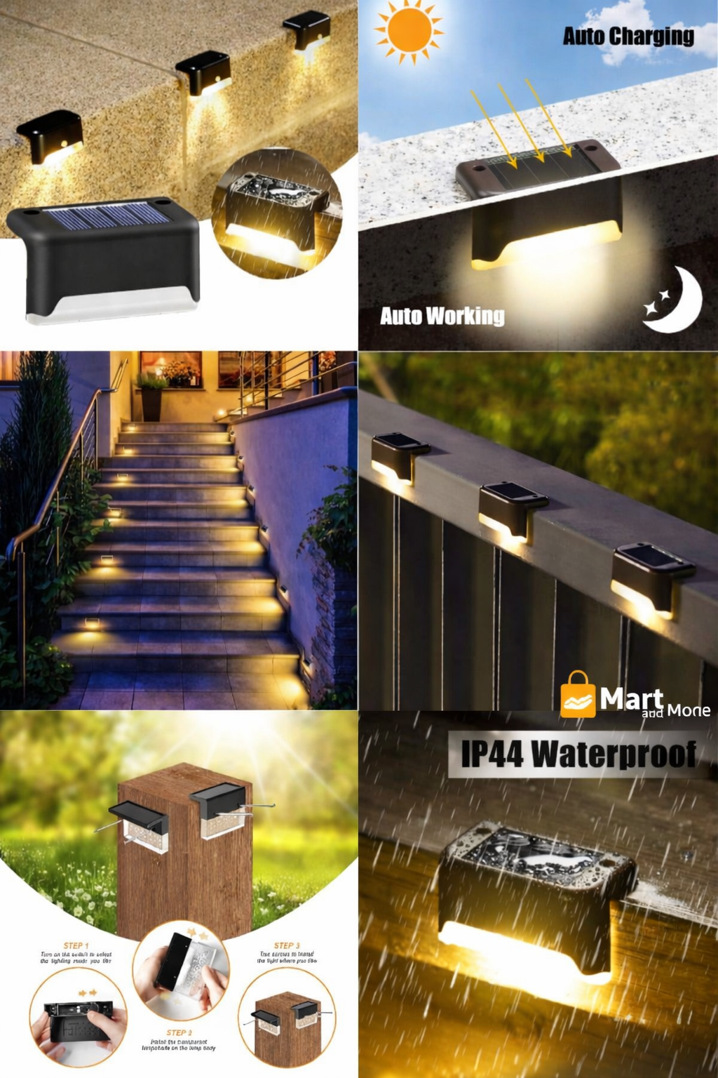 Solar Deck Lights Outdoor (4-Pack) – Waterproof LED Step Lights for Stairs, Garden, Fence | Auto On/Off | Mart and More